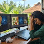 A stressed female graphic designer sitting with her head in hands at her desk, with crumpled papers and AI design concepts on dual monitors, depicting the worry of AI replacing design jobs.