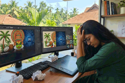 A stressed female graphic designer sitting with her head in hands at her desk, with crumpled papers and AI design concepts on dual monitors, depicting the worry of AI replacing design jobs.