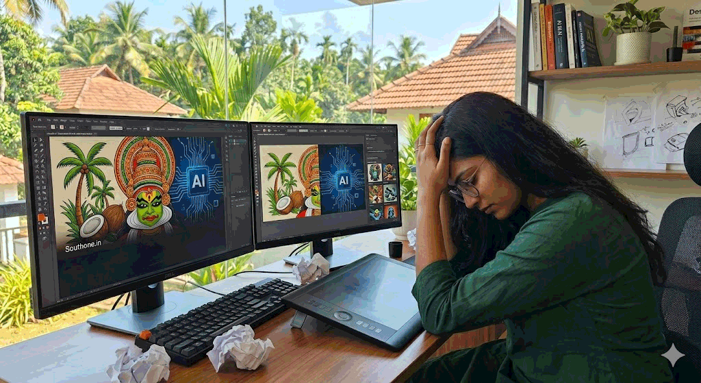 A stressed female graphic designer sitting with her head in hands at her desk, with crumpled papers and AI design concepts on dual monitors, depicting the worry of AI replacing design jobs.